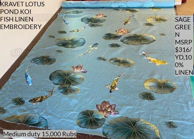 Kravet Lotus Pond Koi Fish Linen Embroidery Sage Green MSRP USD 394Y