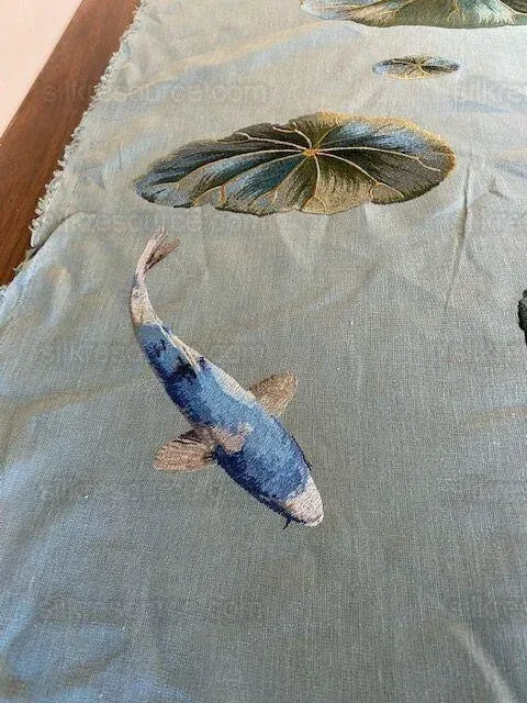 Kravet Lotus Pond Koi Fish Linen Embroidery Sage Green MSRP USD 394Y