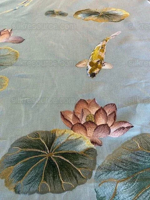 Kravet Lotus Pond Koi Fish Linen Embroidery Sage Green MSRP USD 394Y