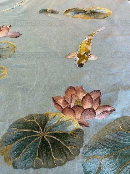 Kravet Lotus Pond Koi Fish Linen Embroidery Sage Green MSRP USD 394Y