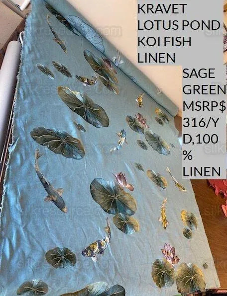 Kravet Lotus Pond Koi Fish Linen Embroidery Sage Green MSRP USD 394Y
