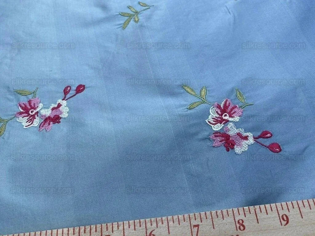 5.25y Lee Jofa Silk Embroidery Flower Fleurir Sky Blue Pink MSRP