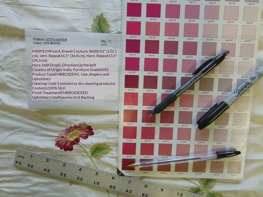 By Yard Kravet Aster On White 100% Silk Embroidered Red Pink Red Floral Vine MSRP 199/Y