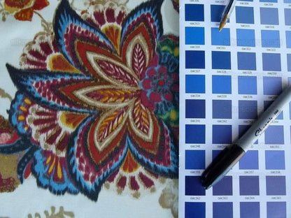 By yard Lee Jofa Arcadia Multi by Oscar De La Renta Blue Red Orange Mocha Mustard Cotton Sateen MSRP USD 284/y