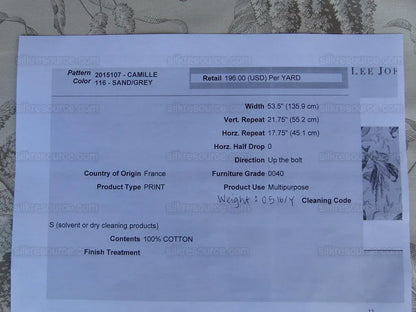 By Yard Lee Jofa Camille Sand/Grey 100% Cotton Print Foliage from France MSRP USD196/Y