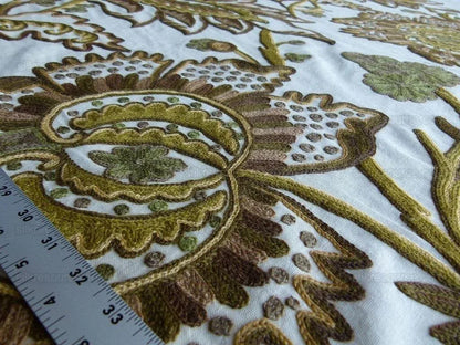 By Yd Lee Jofa Jardin Crewel Olive Green Gold Wool Cotton Jacobean Art Nouveau Sunflower MSRP USD 399/Y