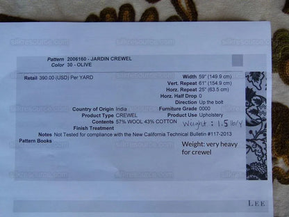 By Yd Lee Jofa Jardin Crewel Olive Green Gold Wool Cotton Jacobean Art Nouveau Sunflower MSRP USD 399/Y