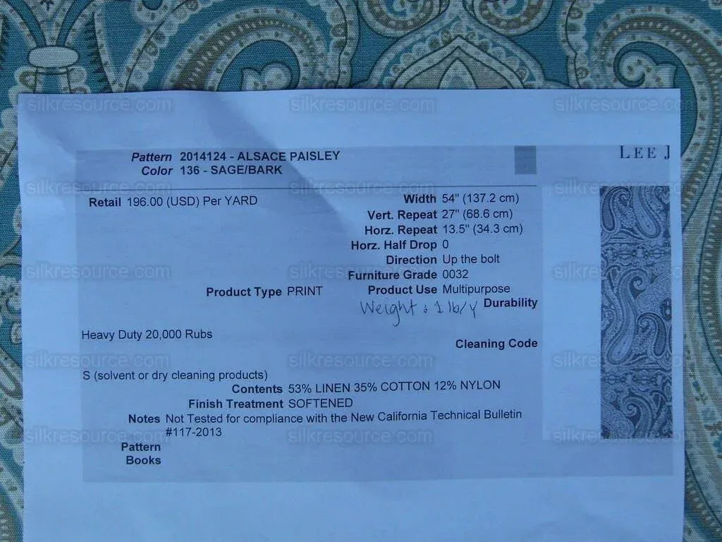 By Yd Lee Jofa Alsace Paisley Blue/sage/bark Linen Cotton MSRP USD 196/y