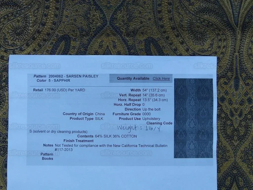 By Yard Lee Jofa Sarsen Paisley Sapphire Blue Silk/cotton Damask Renaissance MSRP USD 176/y