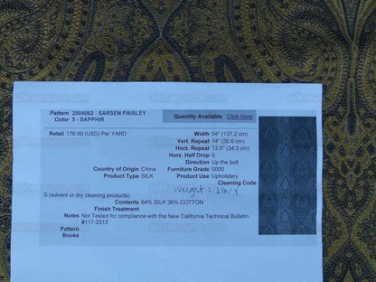 By Yard Lee Jofa Sarsen Paisley Sapphire Blue Silk/cotton Damask Renaissance MSRP USD 176/y