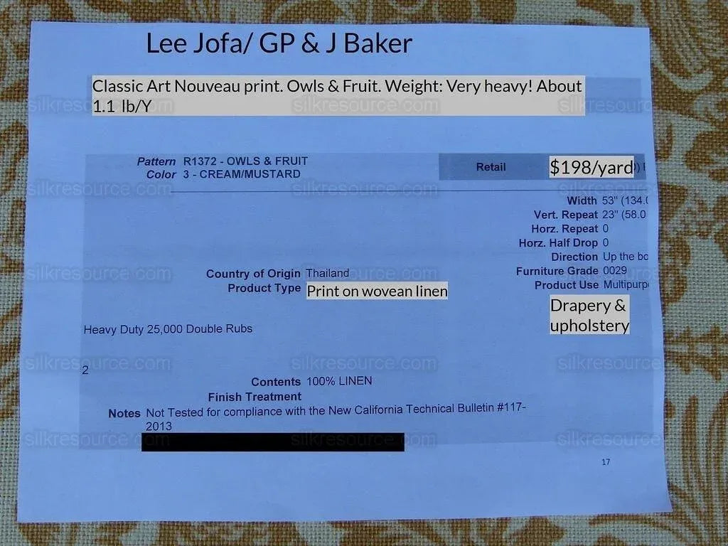 7.63y Gp&amp;j Baker Owls &amp; Fruit Cream/mustard 100% Linen MSRP USD 198/Y