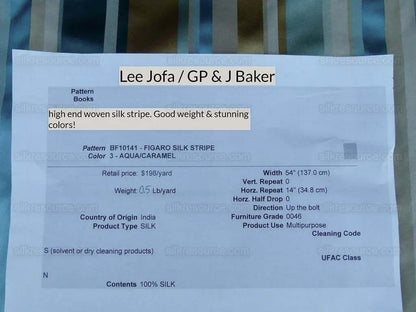 Lee Jofa Figaro Silk Stripe Aqua Caramel Blue Gold MSRP USD 198/Y