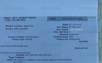 2.73y Lee Jofa Hanbury Weave Natural Woven MSRP USD 190/y