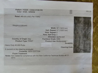 By Yard Lee Jofa Casa D'or Pr Green 100% Cotton Venice Printed Velvet MSRP USD 460/y