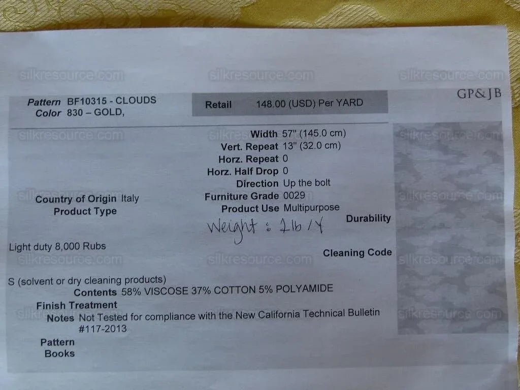 By Yd Gp & j Baker Clouds Gold Yellow Blend Chinoiserie Reversible Damask Cotton MSRP USD 148/y