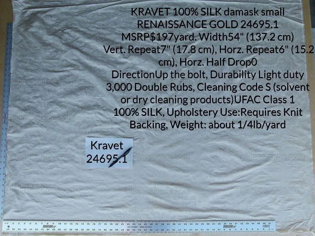 Kravet 100% Silk Damask Small Renaissance Petite Damask Cream Pale Gold 24695.1 MSRP USD 197/Y