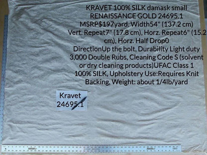 Kravet 100% Silk Damask Small Renaissance Petite Damask Cream Pale Gold 24695.1 MSRP USD 197/Y