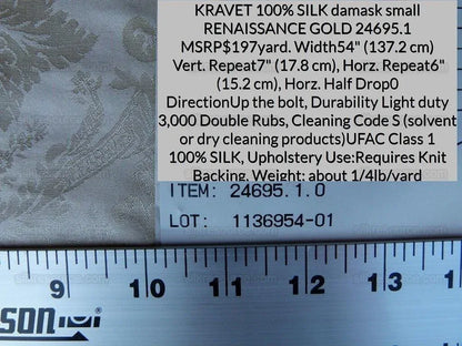Kravet 100% Silk Damask Small Renaissance Petite Damask Cream Pale Gold 24695.1 MSRP USD 197/Y