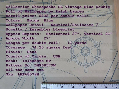 Double Roll Ralph Lauren Wallpaper Chesapeake Cl Vintage Blue On Light Brown MSRP USD 232/double Roll