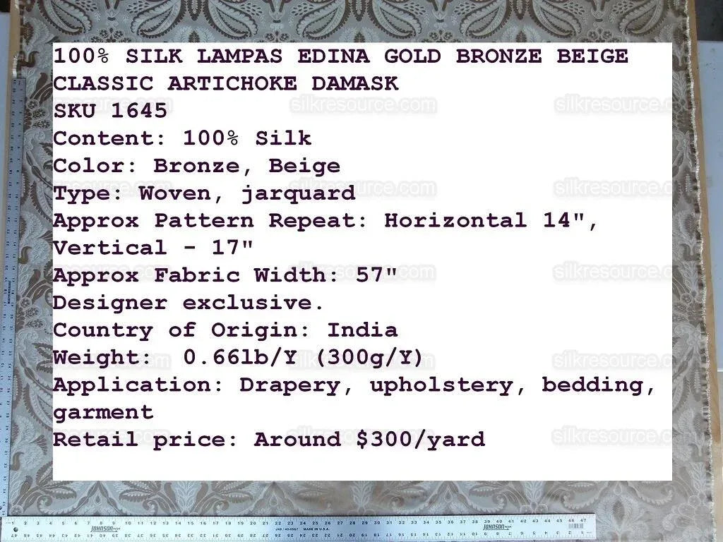By Yd 100% Silk Lampas Edina Gold Bronze Beige Classic Artichoke Rose MSRP USD 300/Y