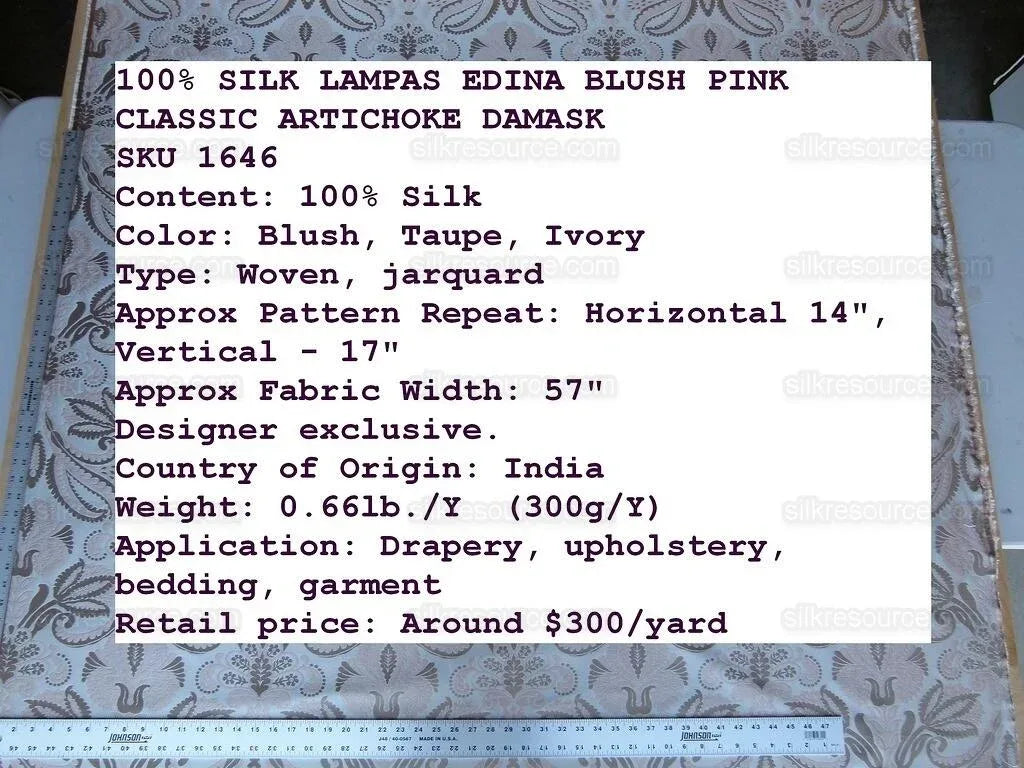 By Yd 100% Silk Lampas Edina Blush Pink Classic Artichoke