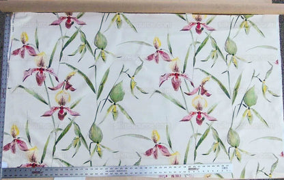 Scalamandre Lady Slippers Grey Watkins Cream Print Orchid Cotton Tropical  MSRP USD 236/Y