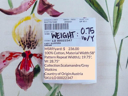 Scalamandre Lady Slippers Grey Watkins Cream Print Orchid Cotton Tropical  MSRP USD 236/Y