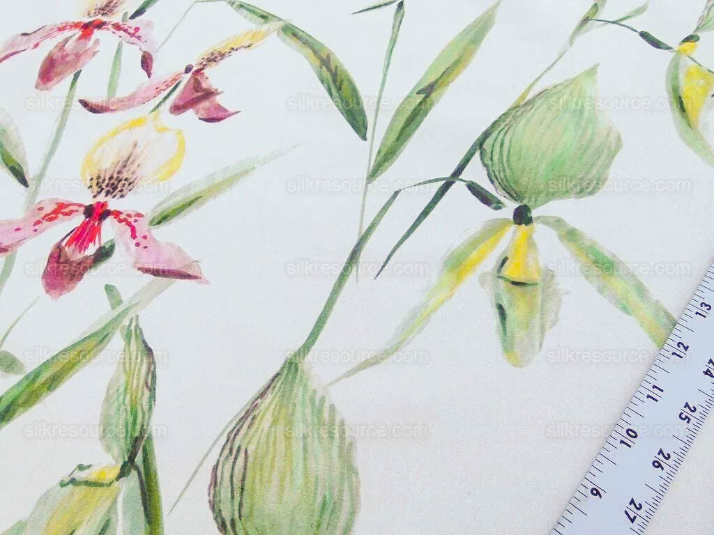 Scalamandre Lady Slippers Grey Watkins Cream Print Orchid Cotton Tropical  MSRP USD 236/Y