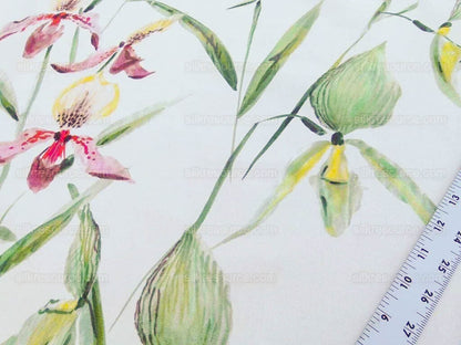 Scalamandre Lady Slippers Grey Watkins Cream Print Orchid Cotton Tropical  MSRP USD 236/Y