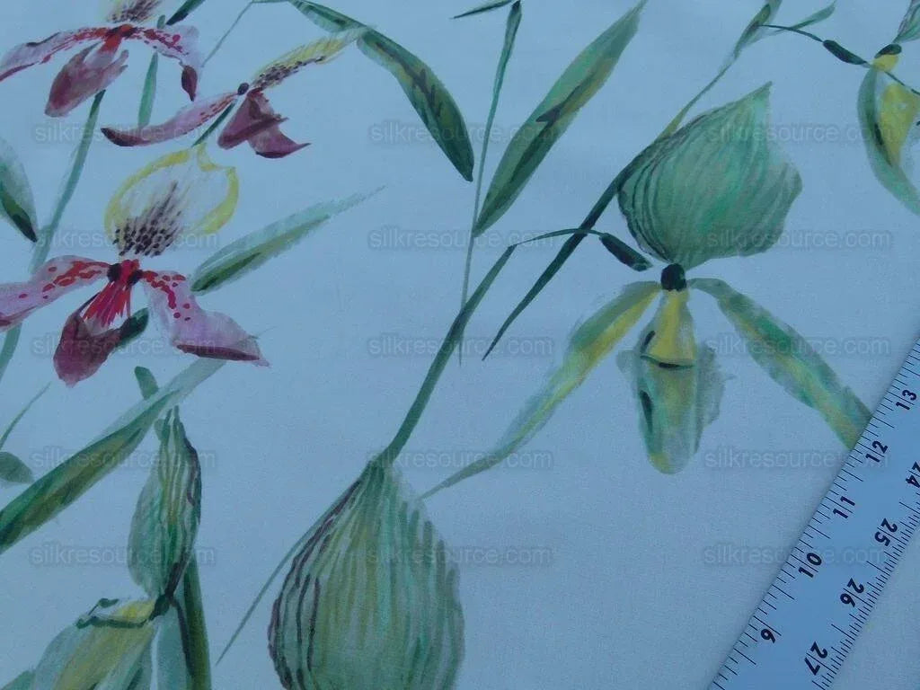 Scalamandre Grey Watkins Lady Slippers Orchid Print Blue Pink MSRP USD 236/Y