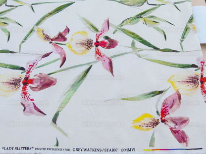 Scalamandre Lady Slippers Grey Watkins Cream Print Orchid Cotton Tropical  MSRP USD 236/Y