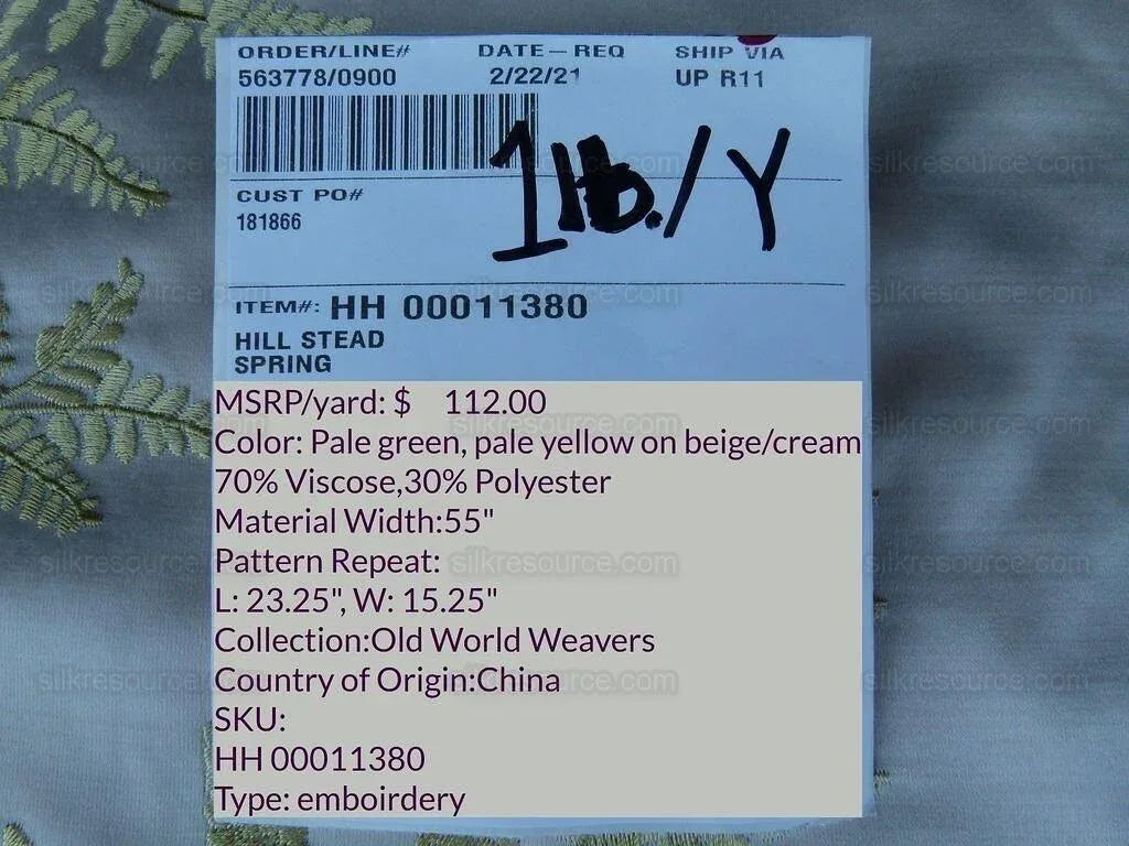 Scalamandre Hill Stead Spring Pale Green Fern Embroidery MSRP$/112