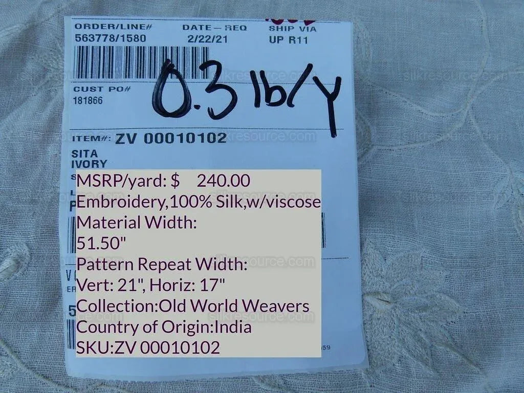 2.5y Scalamandre Sita Ivory Old World Weavers Silk Embroidery Wh