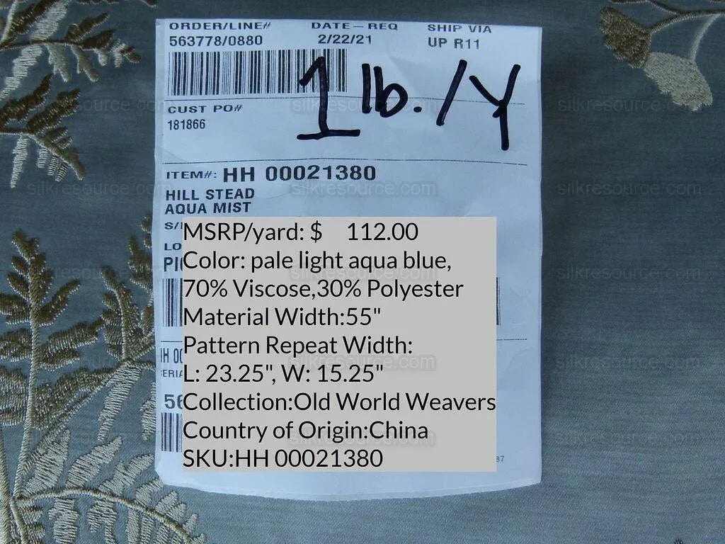 Scalamandre Hill Stead Aqua Mist Blue Fern Embroidery Foliage MSRP USD 112/Y