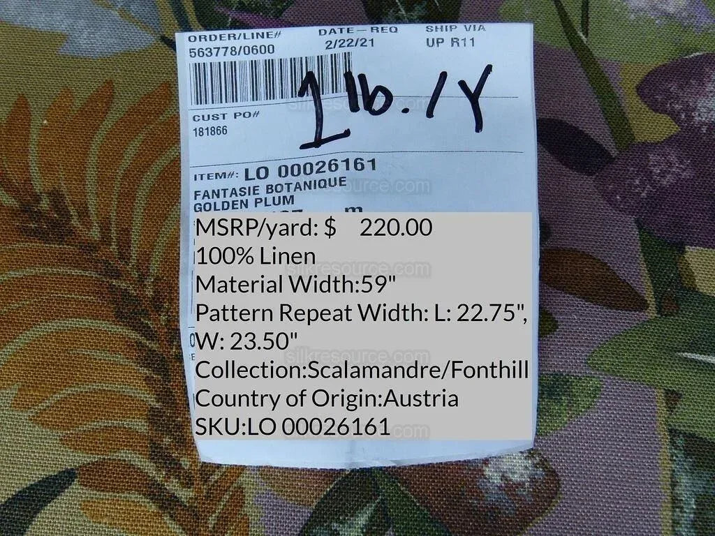 Scalamandre Fantasie Botanique Fonthill Golden Plum Purple Green Linen Foliage MSRP USD/220Yd
