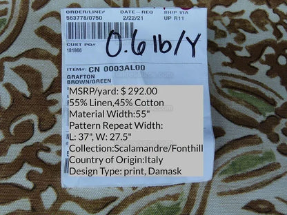 Scalamandre Grafton Brown/green Medallion Renaissance Print MSRP USD 292/Yd
