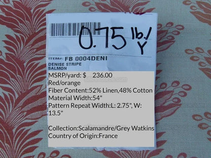 Scalamandre Denise Stripe Salmon Pink Linen Print Grey Watkins MSRP USD 236