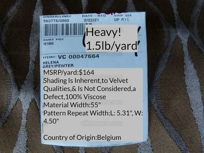 Bty Scalamandre Helena Fh Grey Pewter Modern Velvet MSRP USD 164/Y