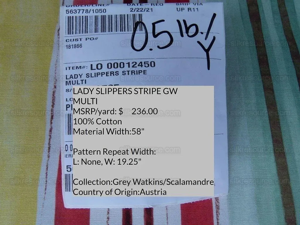 Scalamandre Grey Watkins Lady Slippers Stripe Multi Pink Green Yellow Print MSRP USD 236/yard