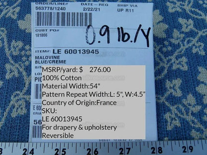 Scalamandre Malovine Blue/crème Foliage France Blue White Vine French Country Cotton MSRP USD 276