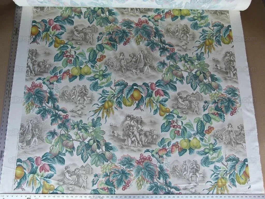 Scalamandre Vie A La Campagne Taupe French Country Toile Folklore Figure Fig Grape Harvest MSRP USD 208/Y