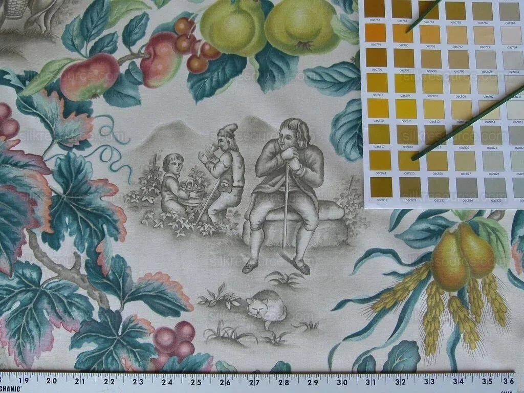 Scalamandre Vie A La Campagne Taupe French Country Toile Folklore Figure Fig Grape Harvest MSRP USD 208/Y