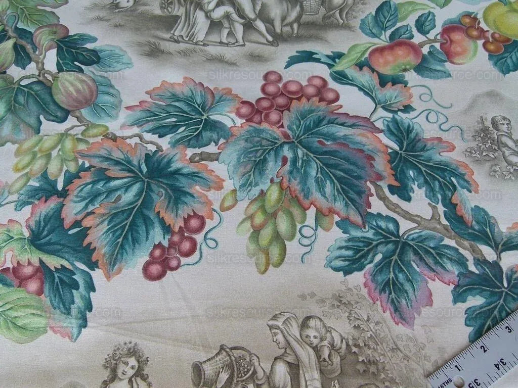 Scalamandre Vie A La Campagne Taupe French Country Toile Folklore Figure Fig Grape Harvest MSRP USD 208/Y