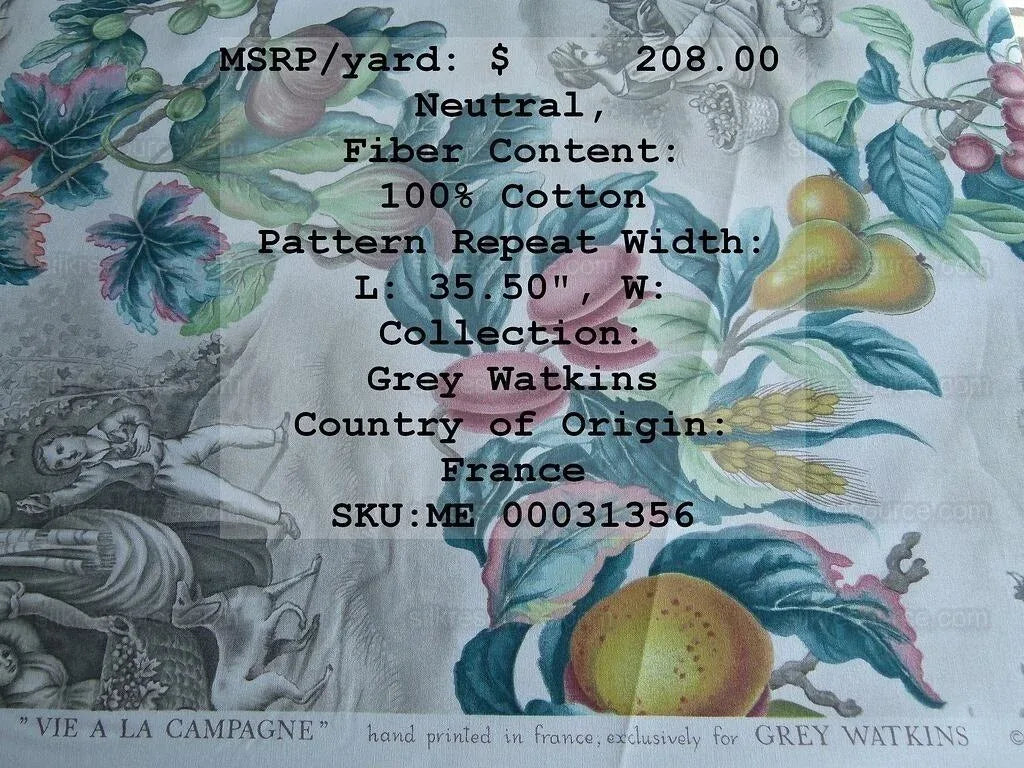 Scalamandre Vie A La Campagne Taupe French Country Toile Folklore Figure Fig Grape Harvest MSRP USD 208/Y