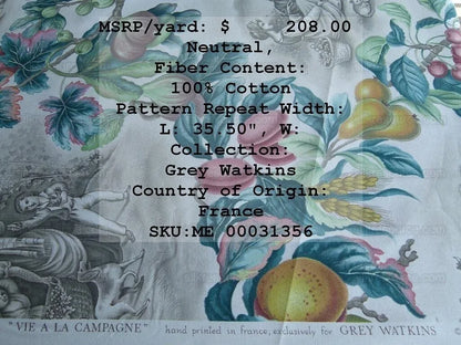 Scalamandre Vie A La Campagne Taupe French Country Toile Folklore Figure Fig Grape Harvest MSRP USD 208/Y