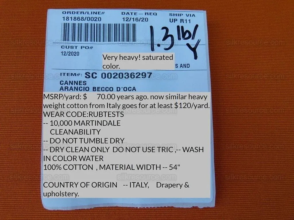 Scalamandre Cannes Arancio Becco D'oca Orange Tangerine Heavy! Cotton Duck MSRP USD 120/Y