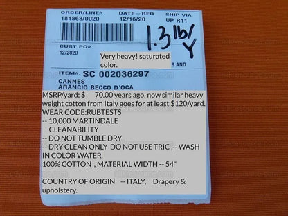 Scalamandre Cannes Arancio Becco D'oca Orange Tangerine Heavy! Cotton Duck MSRP USD 120/Y
