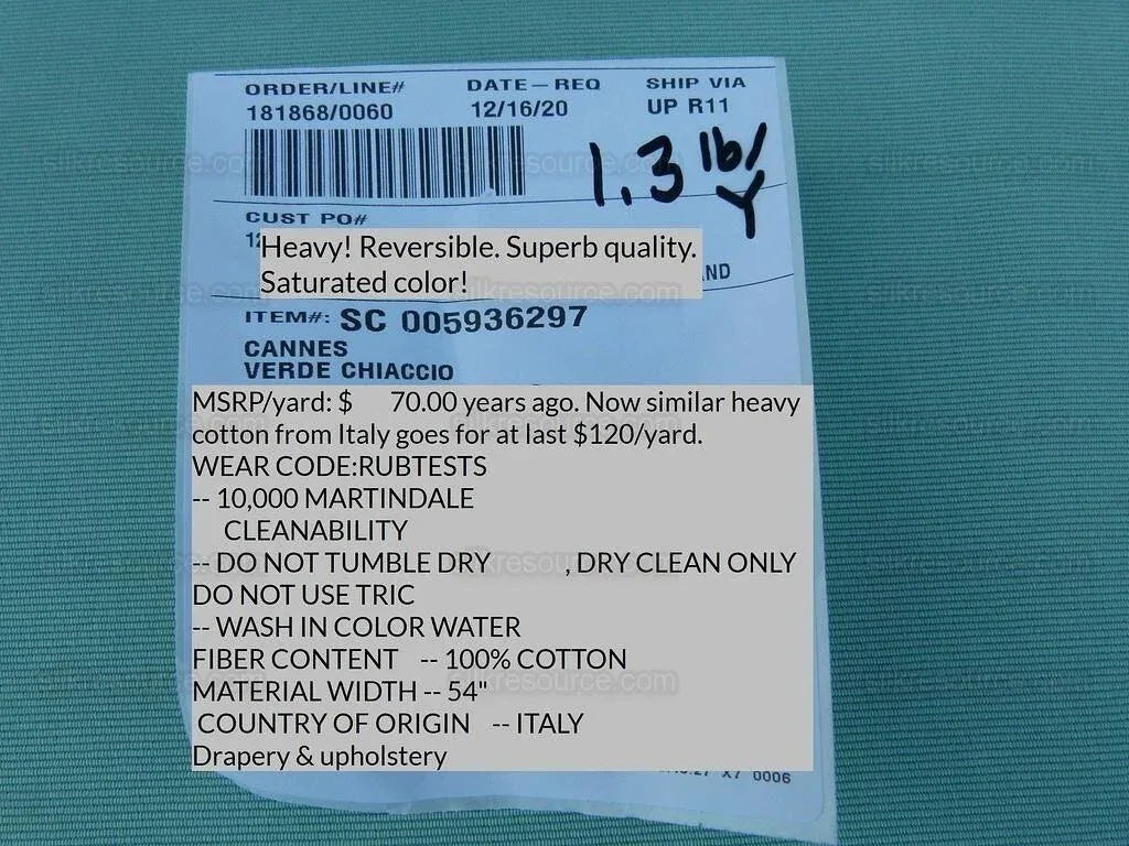 Scalamandre Cannes Verde Chiaccio Sea Green  Heavy! Cotton Duck Italy MSRP USD 120/Y