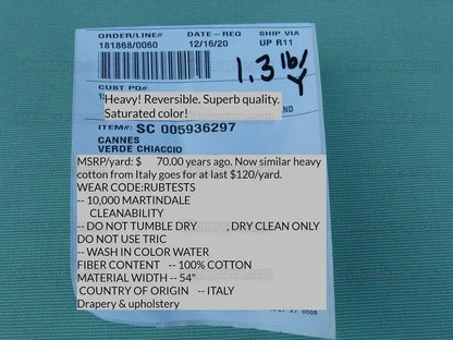 Scalamandre Cannes Verde Chiaccio Sea Green  Heavy! Cotton Duck Italy MSRP USD 120/Y