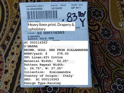 Scalamandre "o'marra Brown Gold Red Paisley Print MSRP USD 278/Yd